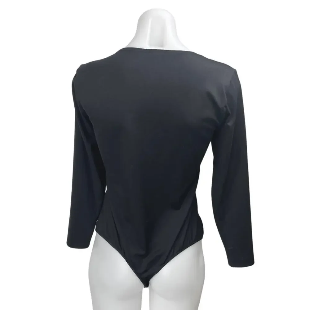 Free People Black Long Sleeve Square Neck Thong One Piece Bodysuit Top Size L